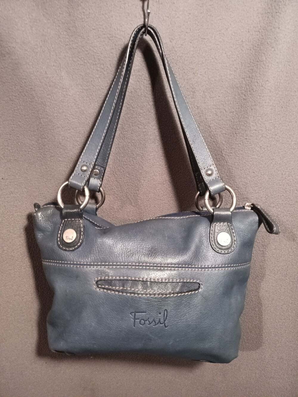 FOSSIL Hanover Vintage Blue Leather Satchel Bag Women’s Shoulder Purse Handbag - Picture 2 of 8